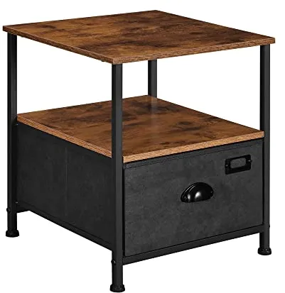 SONGMICS nattduksbord, med 2 hyllor och 1 låda - rustik brun MDF och svart imiterad mocka/metall (41x41)